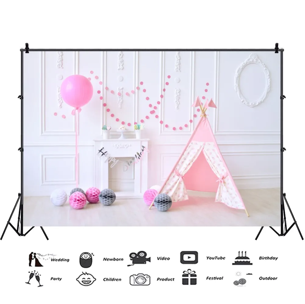 Laeacco Photo Backdrops Pink Chic Wall Balloons Tent Fireplace Dessert Floral Baby Birthday Party Backgrounds Studio | Электроника