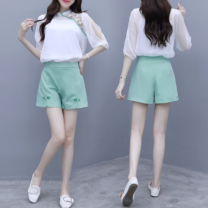 

Summer outfit new Chinese wind two-piece clothing set women elegant antique style costume top blouse & shorts vestidos sweet