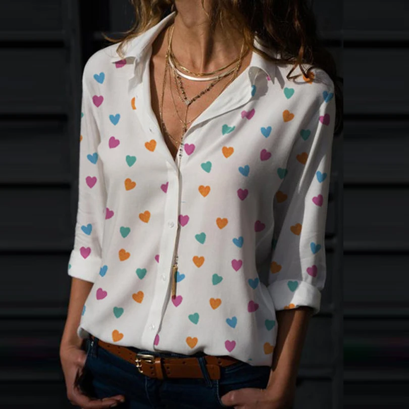 Женские топы Blusa новинка с принтом сердца v образный вырез женские рубашки весна