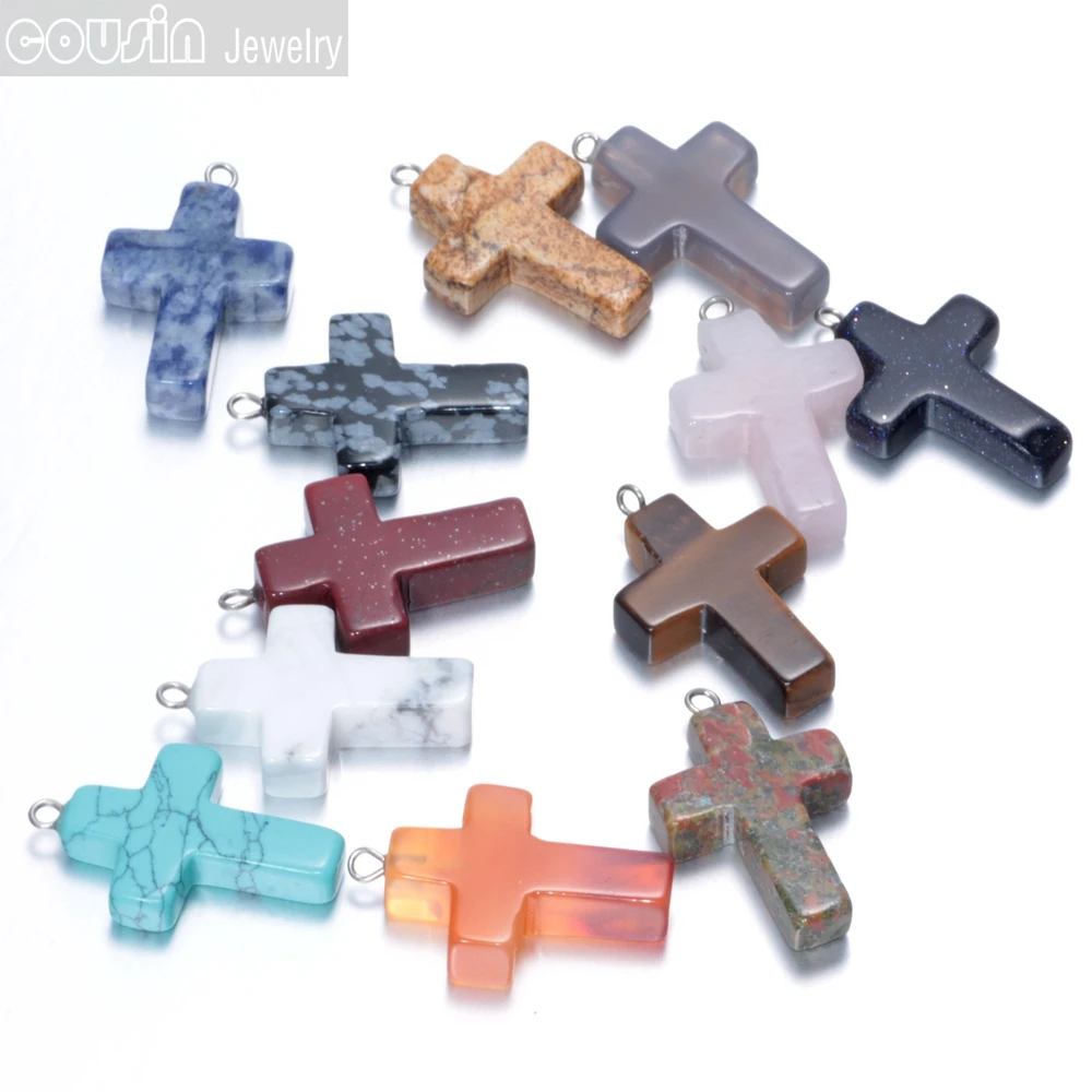 Горячая продажа натуральный кристалл каменный крест кулон с черной кожаной