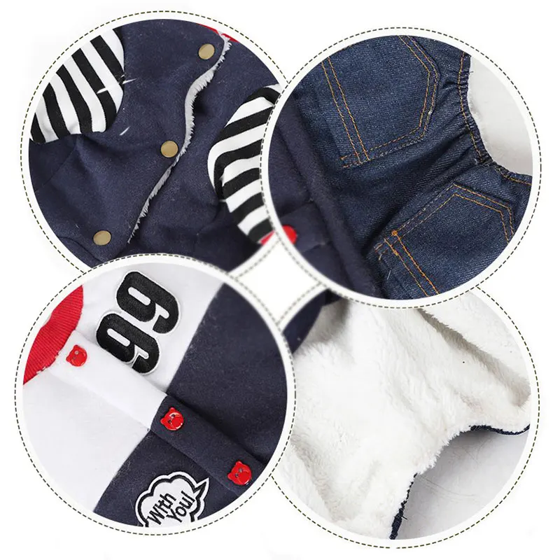 Джинсовый собак комбинезон осень зима теплый шить Письма Pattern пижамы для