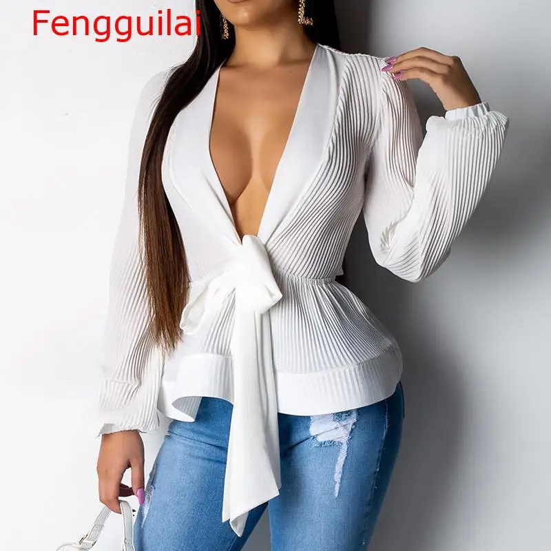 Women Elegant Puff Sleeve Blouse Shirt Sexy V Neck Sashes Wrap Ruffles Long Summer Tops Femme Peplum Top Blusas | Женская одежда - Фото №1