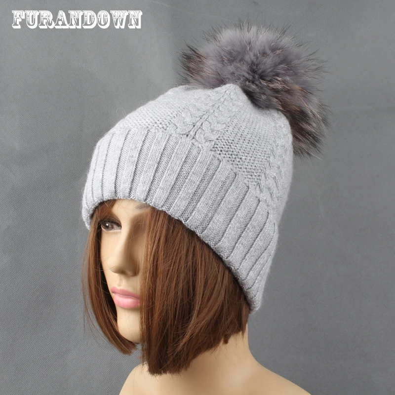 Зимние шапки из меха норки для женщин бини с помпоном кашемировые шерстяные
