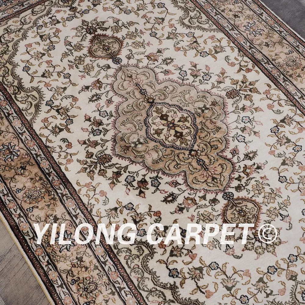Шелковый коврик YILONG 3 'x 5' Тебриз ручной работы шелковые бежевые изысканные