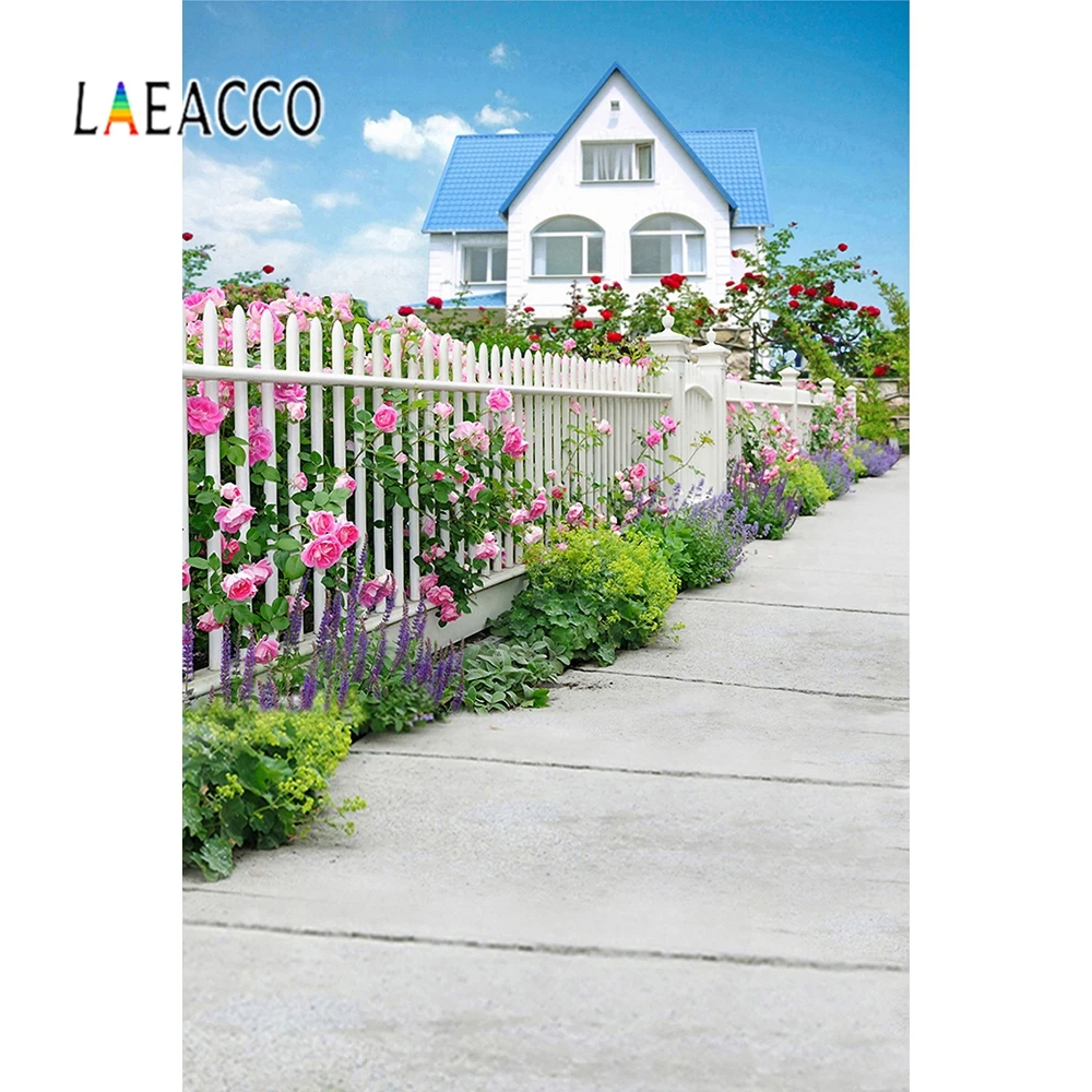 Laeacco Весна Пейзаж дом двор забор цветы фотографические фоны бесшовные фотообои