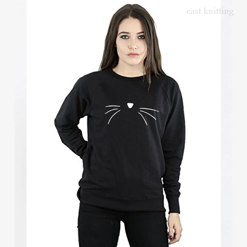 WS0156 Women Cute Cat Face Hoodies Round Neck Casual Print Sweatshirts | Женская одежда