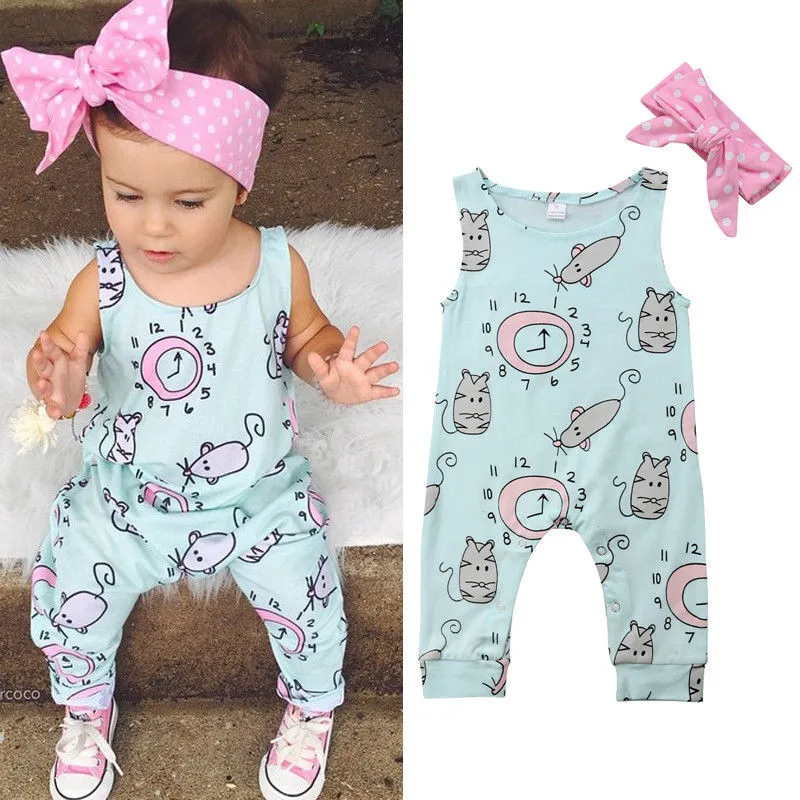

Toddler Newborn Baby Girls clothes Bow Dot Headband round neck sleeveless Geometry Rompers 2pc cotton kids summer cute Outfits