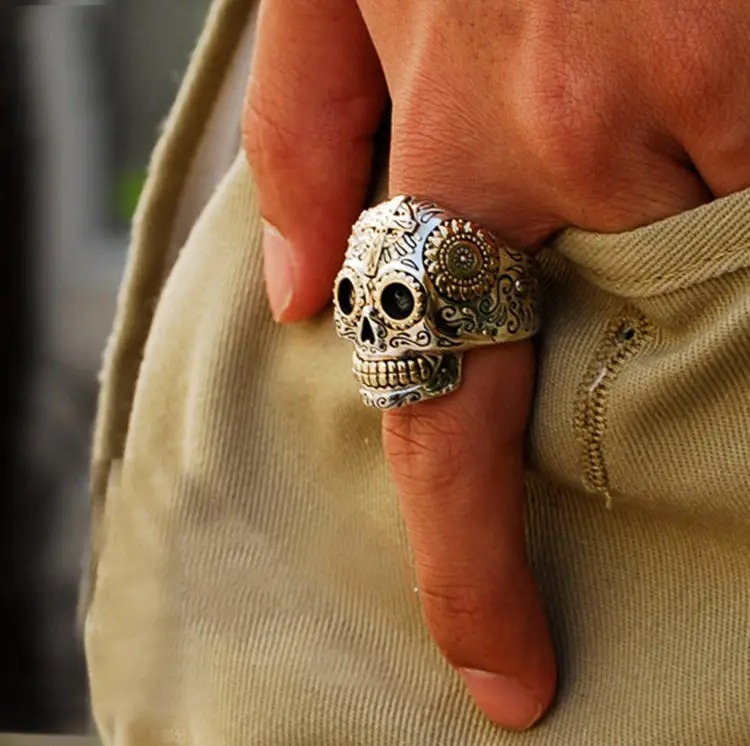 Мужские кольца из стерлингового серебра с черепом и сахаром 19 г твердое серебро