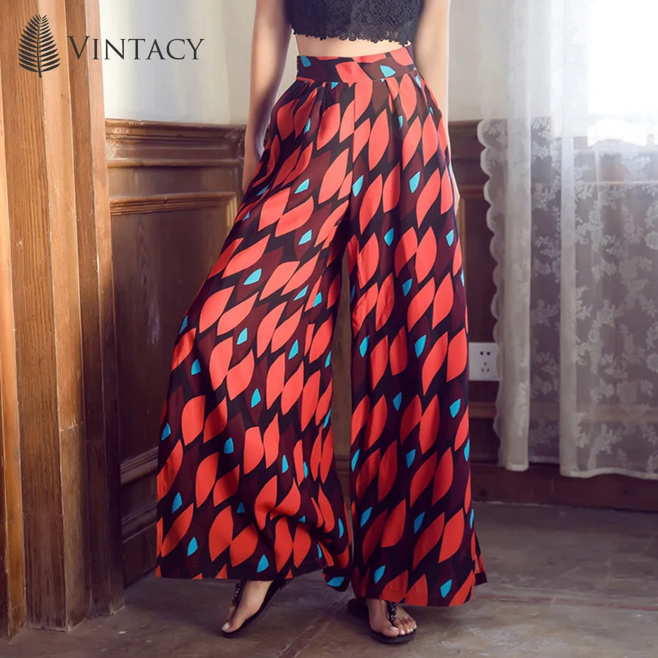 Vintacy красный Для женщин Брюки Цветочные Свободные плавки Таиланд Бали Kai курорт