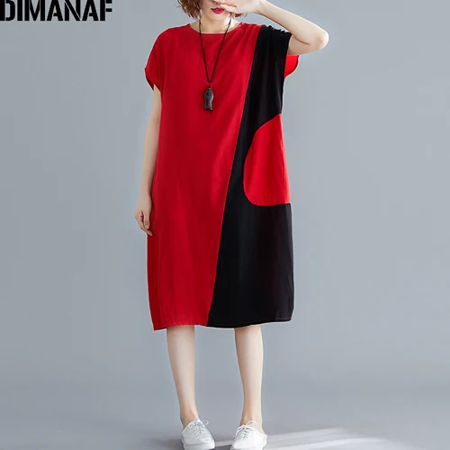 DIMANAF женское платье большого размера, модное лоскутное женское платье Vestidos, свободное базовое летнее платье из хлопка, большой размер - Цвет: Jing95160CN-hong