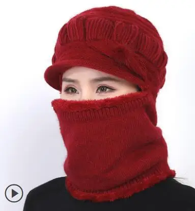 Зимние шапки Skullies Beanies, зимние шапки бини для женщин, шерстяной шарф, шапки, Балаклава, маска, капот, вязанная шапка в полоску - Цвет: Red wine2