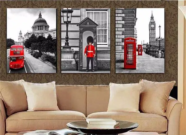 

3 Piece Hot Sell Modern Soldiers Stand Guard Painting London Telephone Booth Home Decorative Art Picture Paint On Canvas T/725