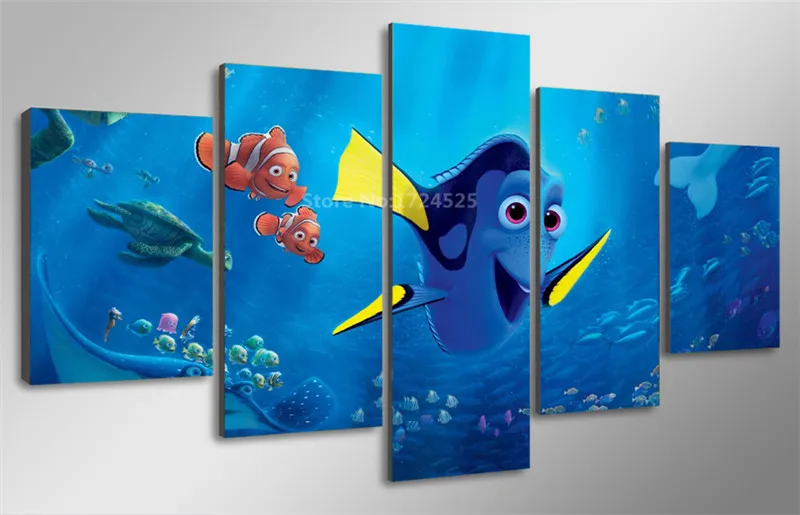 

Unframed 5 Pieces Cartoon Fish In The Seabed Art Wall Canvas Paintings HD Print Pictures For Children Room In High Quality