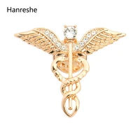 hanreshe gold color caduceus pin brooch fashion jewelry gift for doctornursemedical student crystal brooches for women