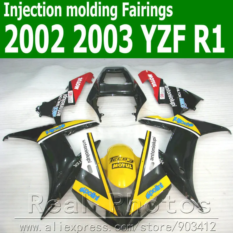 

100% Injection molding for YAMAHA plastic fairing kit 2002 2003 yellow black YZF R1 fairings set JK7