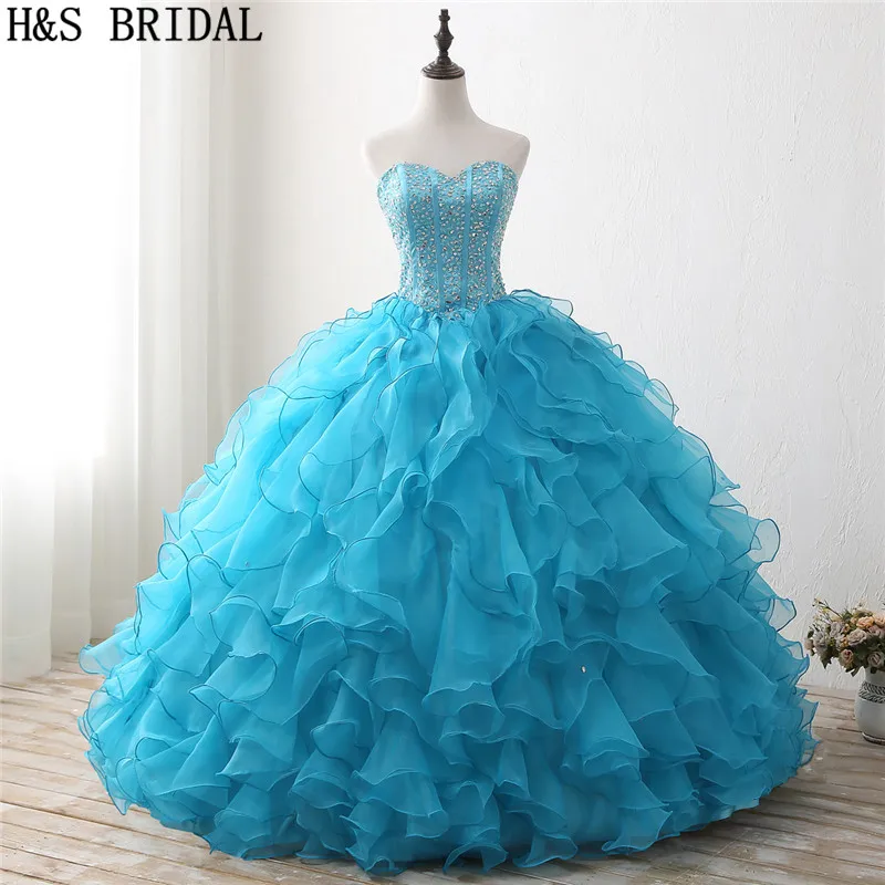 

H&S BRIDAL Blue Ball Gown Quinceanera Dresses 2020 Ruffles Beading Crystal Prom Dresses Tiered Sweet 16 Dress Debutante Gowns