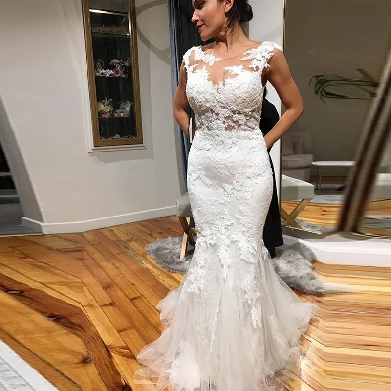 Elegant Mermaid Wedding Dresses Illusion Bodice Scoop Neck Cap Sleeve Backless Sweep Train Full Length Boho Bridal Dress | Свадьбы и