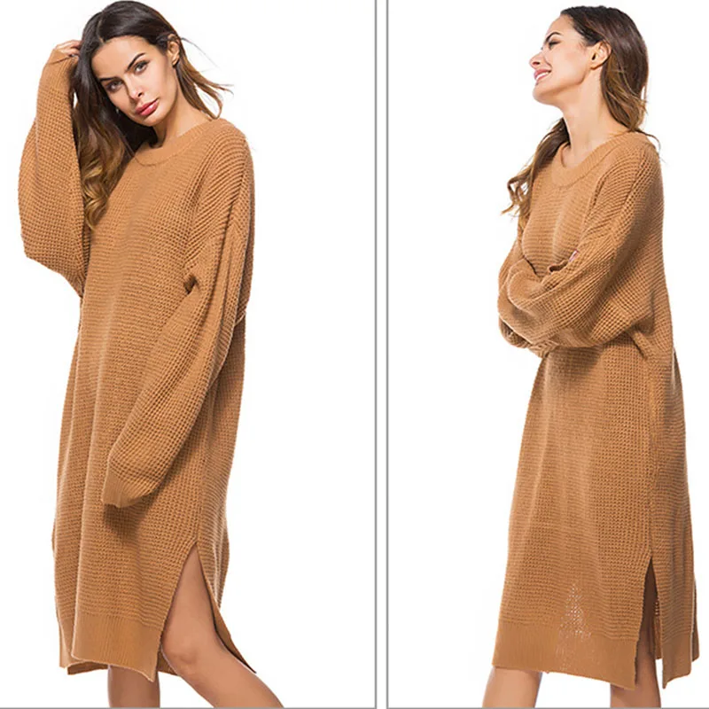 Women Sweater Dress Female Autumn Winter Yellow Long Sleeve Loose knitted Sweaters Dresses Solid Vestido largo Invierno mujer | Женская