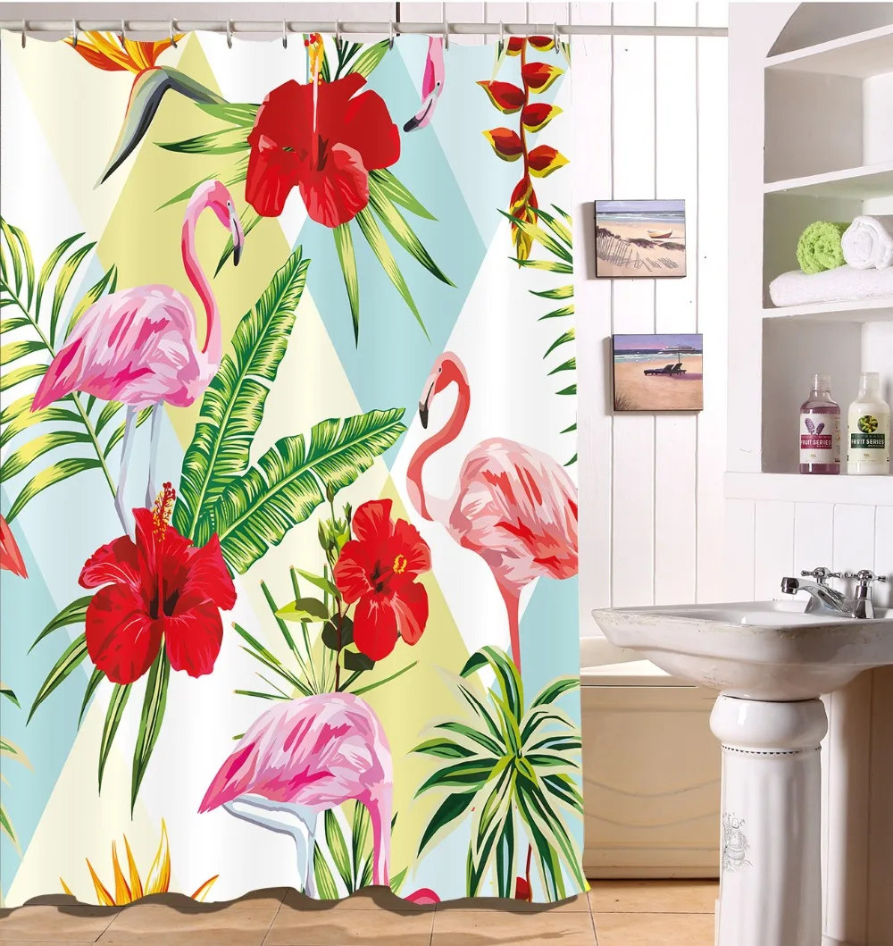 

Watercolor Tropical Plants Waterproof Shower Curtain Flamingo Polyester Fabric Bath Curtain Bathroom Curtains Home Decoration