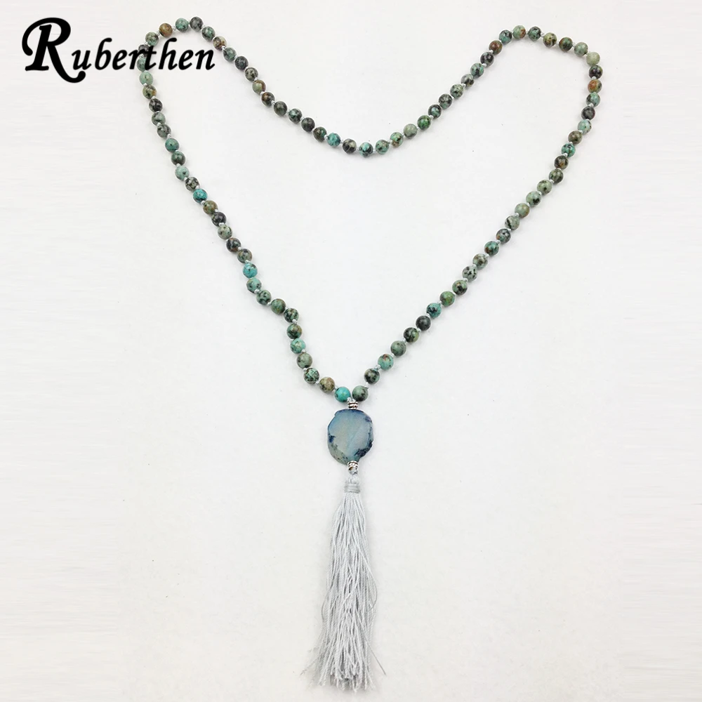 Ruberthen High Quality Knotted Necklace 38 inch Natural Stone Charms Women`s Mala Trendy African Tuquoise | Украшения и