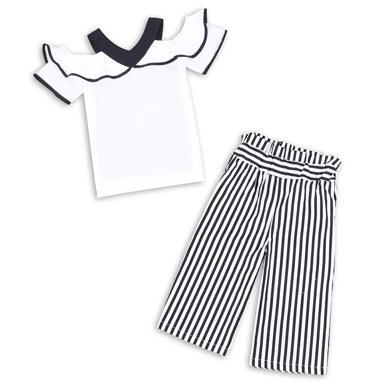 

Girls Kids Two Piece Girls Halter Short Sleeve Striped Trousers Girl Outfit Casual Clothes AN88