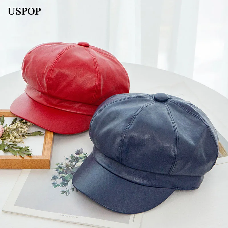 USPOP 2019 новые Восьмиугольные шляпы для женщин модные однотонные ПУ шапки осенние