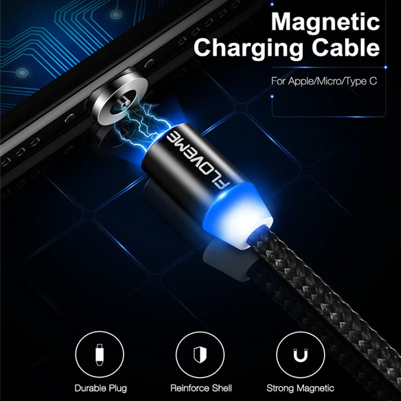 FLOVEM Магнитный кабель Micro usb type C USB-C кабель 1 м 2 м светодиодный короткий usb кабель для зарядки магнитное зарядное устройство круглый разъем для iPhone XR