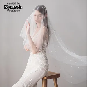 Свадебная фата Kyunovia, Длинная фата 150 см с бусинами и жемчугом, одноуровневая Фата для невесты и женщин, D50