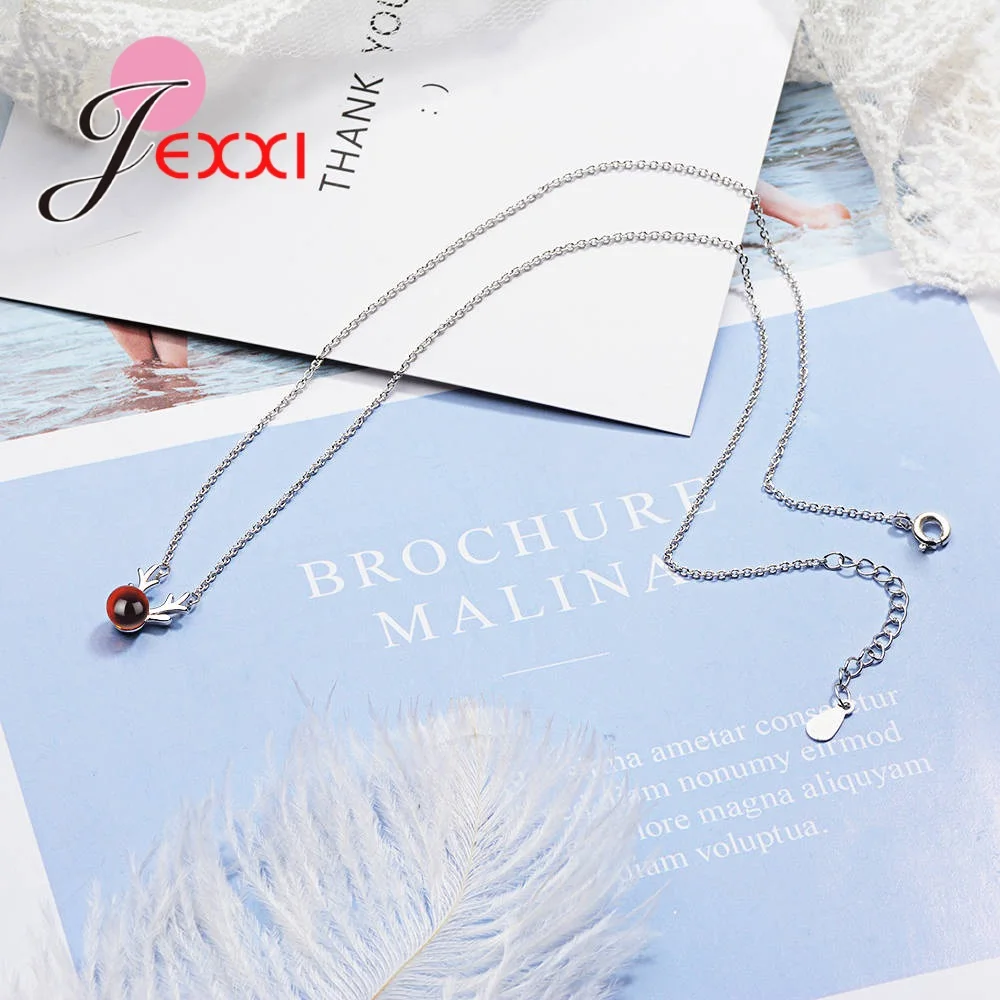 Милый стиль олень рога ожерелье 925 стерлингового серебра Круглый красный камень