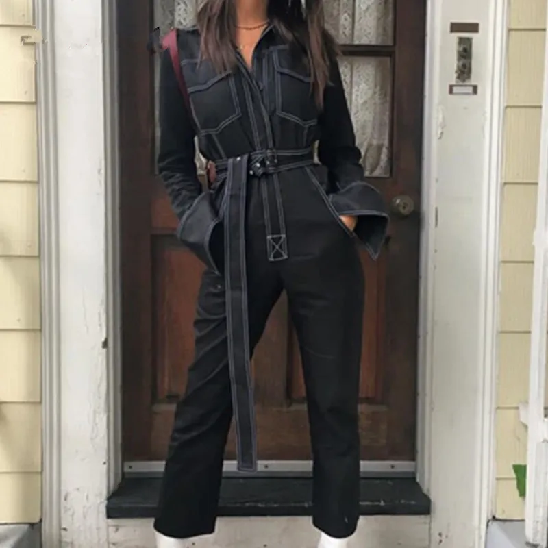 Летний повседневный элегантный белый хлопковый комбинезон с длинным рукавом, женский модный комбинезон с пуговицами и поясом с высокой талией