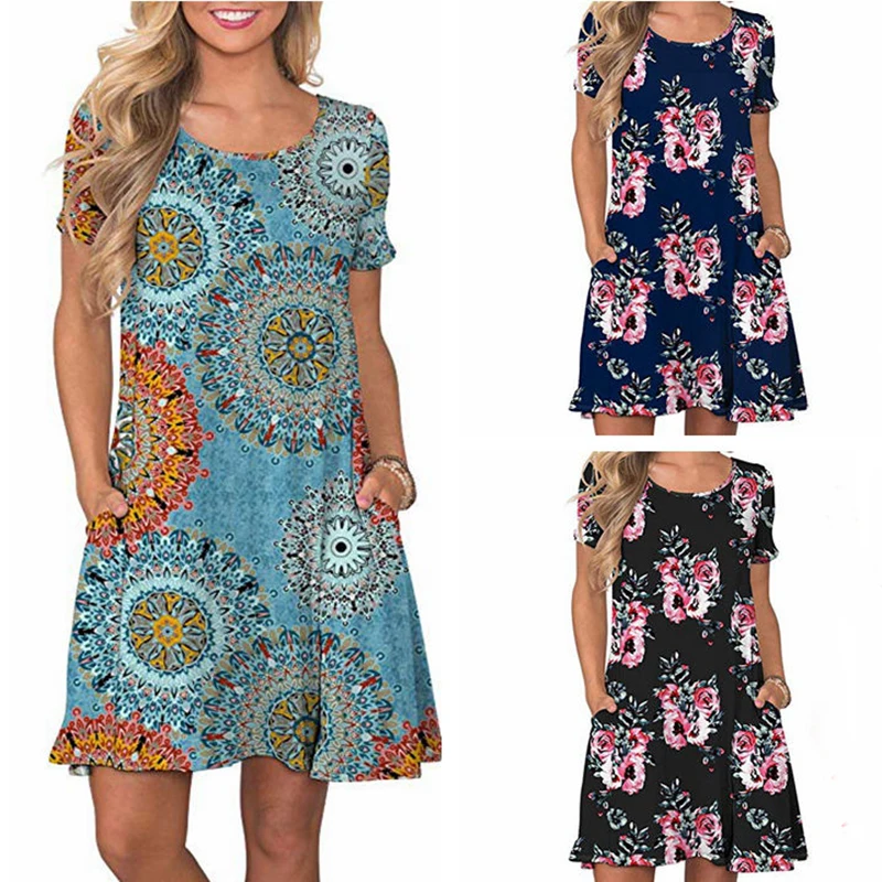 Изысканная печать 2019 летнее платье для женщин с коротким рукавом до колена