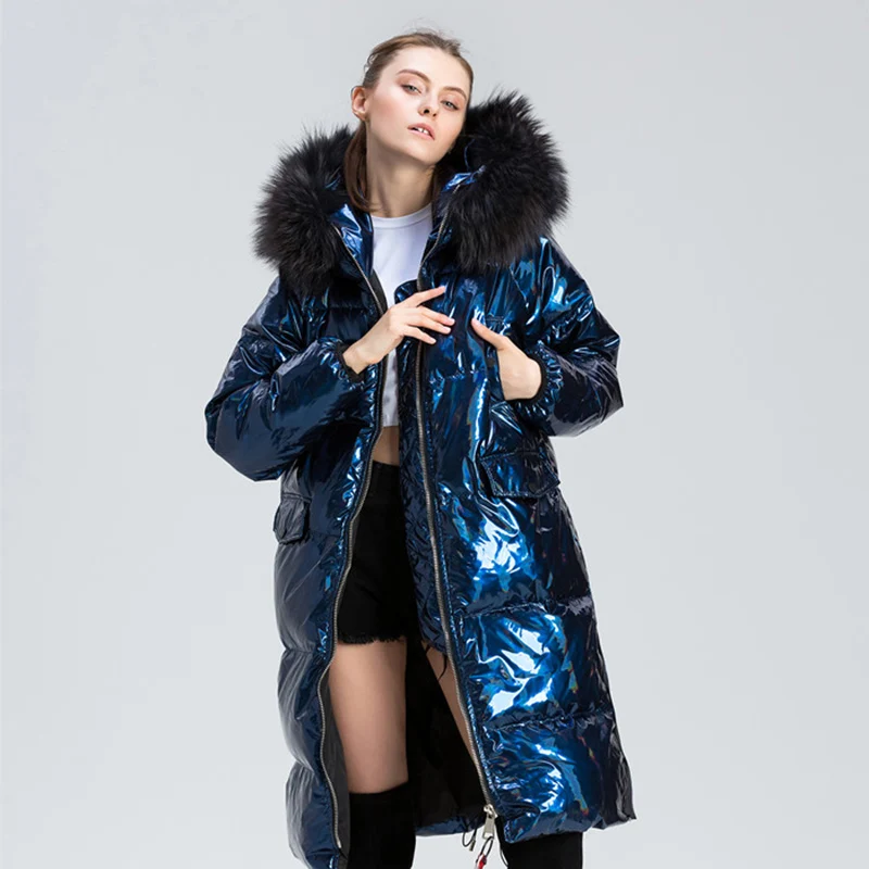 Natural Raccoon Fur Parka Winter White Duck Down Jacket Women Large Fur Collar Long Outwear New Women's Silver Down Coats