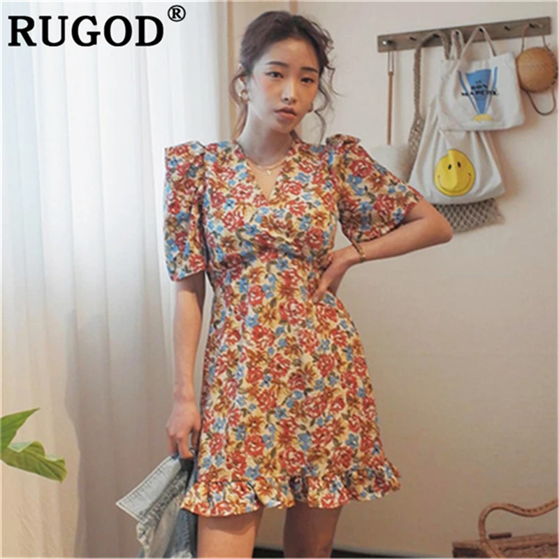 Женское платье RUGOD мини с цветочным принтом кружевное коротким рукавом и
