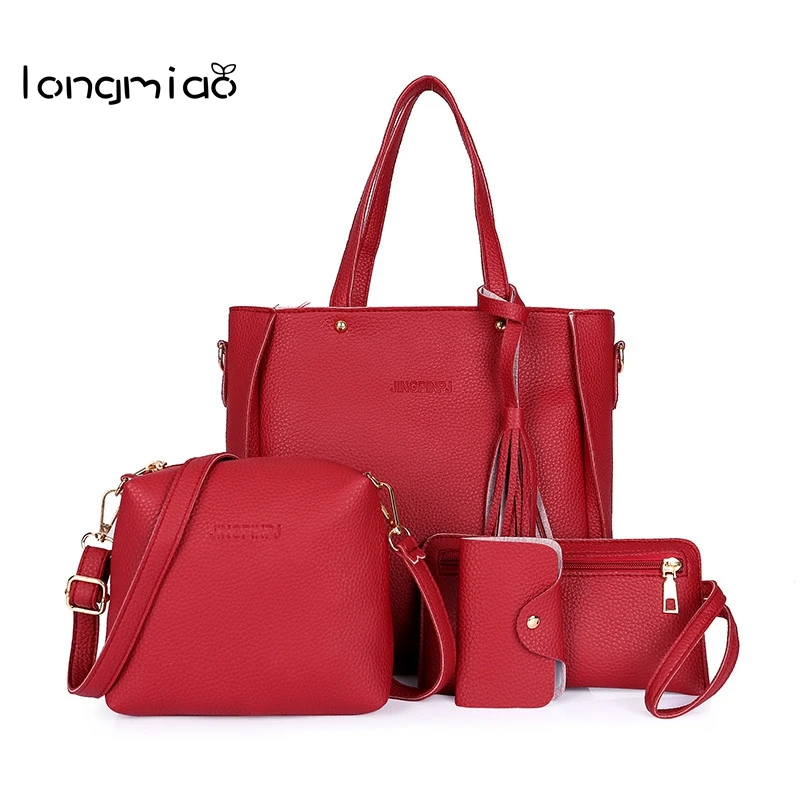 longmiao Women Bag Composite 4pcs Set Top-Handle Tassel Handbag Fashion Shoulder Purse Ladies PU Leather Crossbody | Багаж и сумки