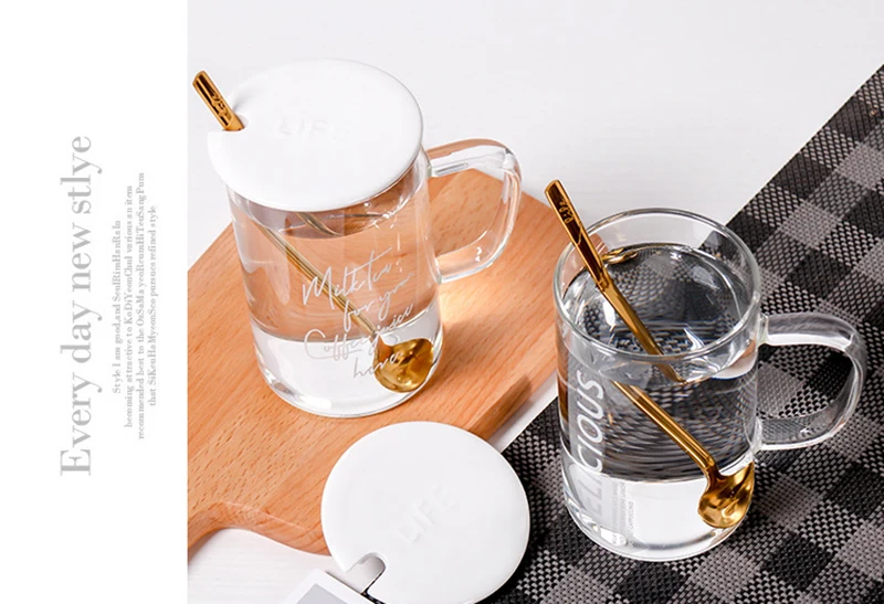 Однослойная печатная стеклянная кружка с крышкой металлическая ложка, Молочный Сок лимонная чашка домашняя офисная кружка термостойкая стеклянная кофейная чашка