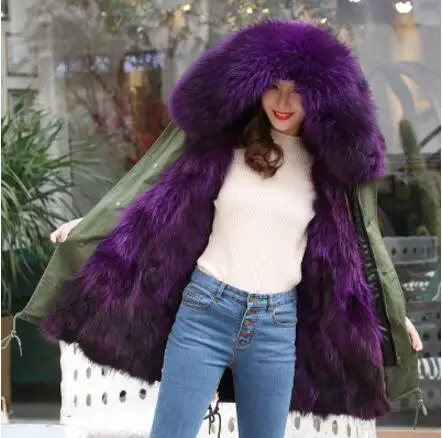 WSYORE Parkas одежда женская Новинка Зима размера плюс женские толстые куртки из меха енота пальто средней длины с капюшоном из лисьего меха для женщин NS515 - Цвет: green purple