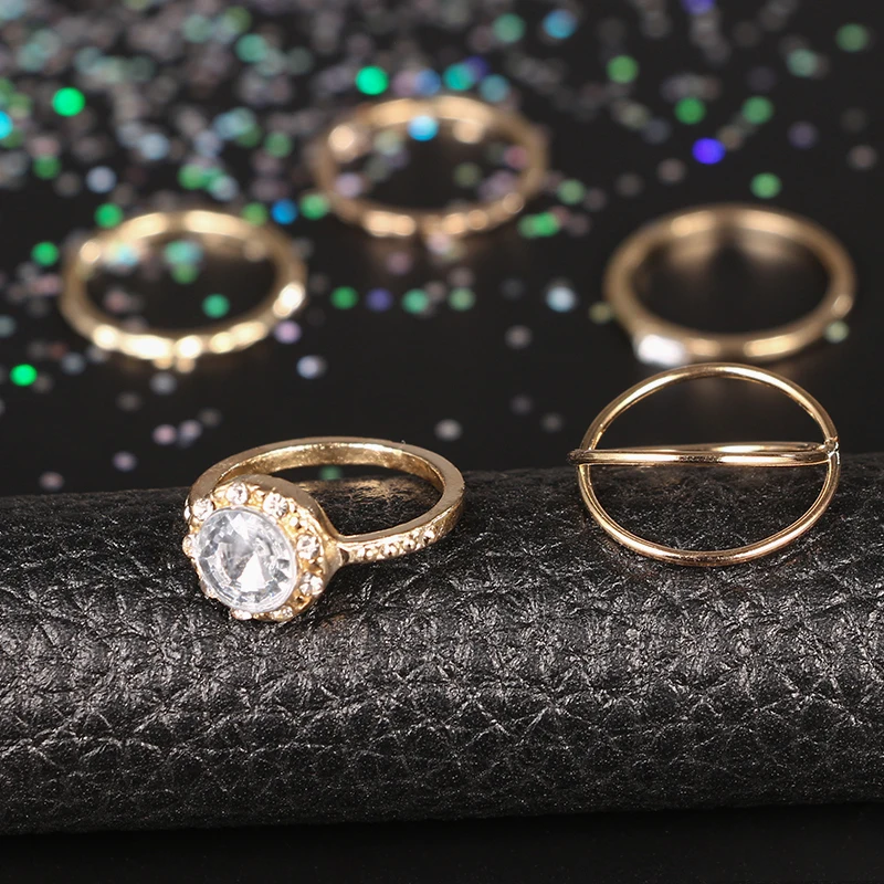 Docona 5pcs/sets Elegant Luxurious Super Shinning Crystal Stone Gold Color Finger Rings For Women Ladies Jewelry Gift 3661 | Украшения и