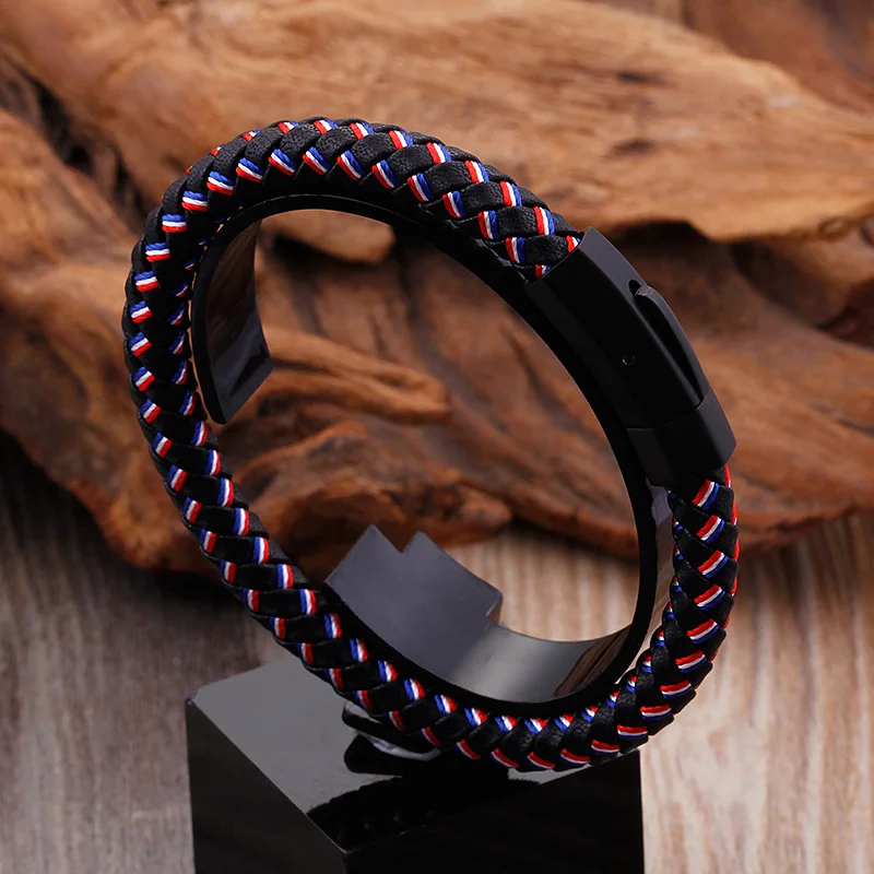 Geoaray Men's Tough Lattice Leather Bracelet Cool Charm Bracelets&ampBangle Stainless Steel Clasp Fashion Personalised Jewelry |