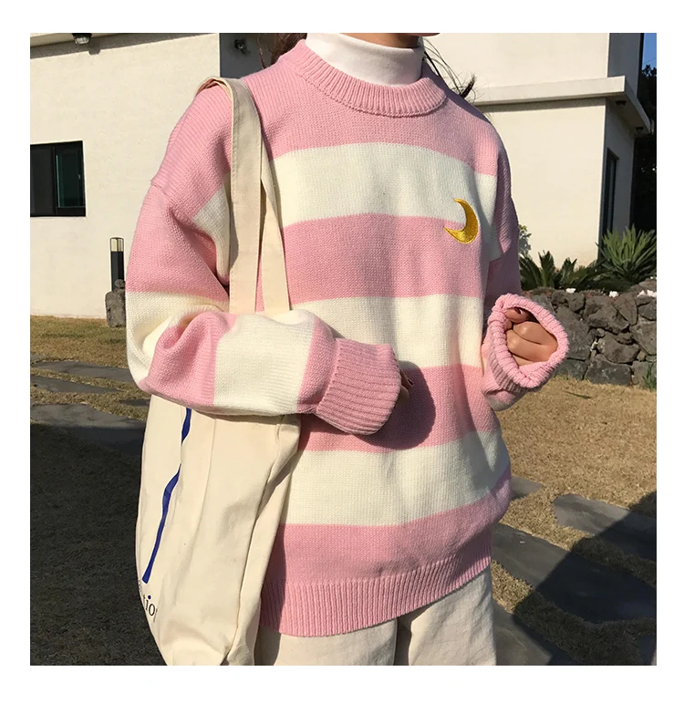 Harajuku модный полосатый вязаный женский свитер, милый студенческий свитер с вышитой луной, пальто в полоску, милый женский пуловер, свитер