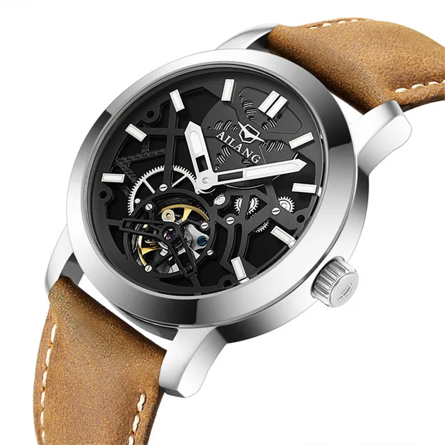 AILANG swim мужские полые автоматические механические часы Tourbillon Модные Бизнес водонепроницаемые 50 м часы Relogio Masculino - Цвет: Leather 03