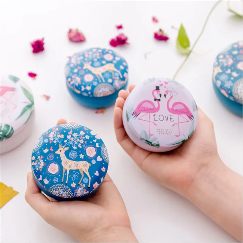1pcs Flamingo Tinplate Round Candy Box Wedding Gift for Guest Packing Baby Shower Birthday Party Kids-S | Дом и сад