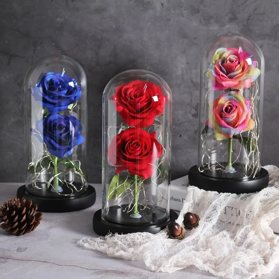

2022NEW Two Roses Beauty And The Beast Red Rose In A Glass Dome On A Wooden Base Rose Lamp For Valentine's Day Christmas