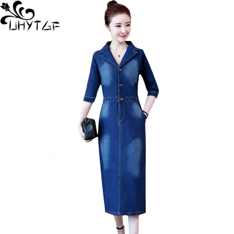 

UHYTGF Elegant Women Jeans Dress Temperament Loose Size Maxi Dresses Dark Blue Summer Denim Dress Casual Female Thin Dresses 611