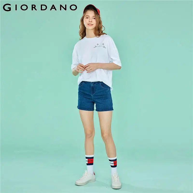 Giordano женская футболка белая с графическим принтом рисунком кота коротким