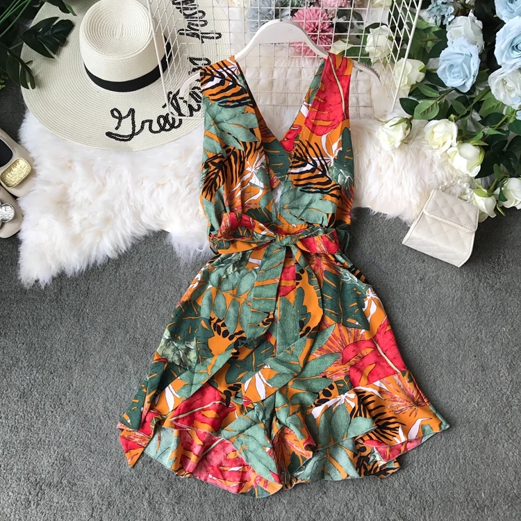 Красный Пляжный Boho короткий женский летний комбинезон с открытой спиной и v-образным вырезом без рукавов комбинезон корейский цветочный принт плюс размер женский комбинезон - Цвет: Красный