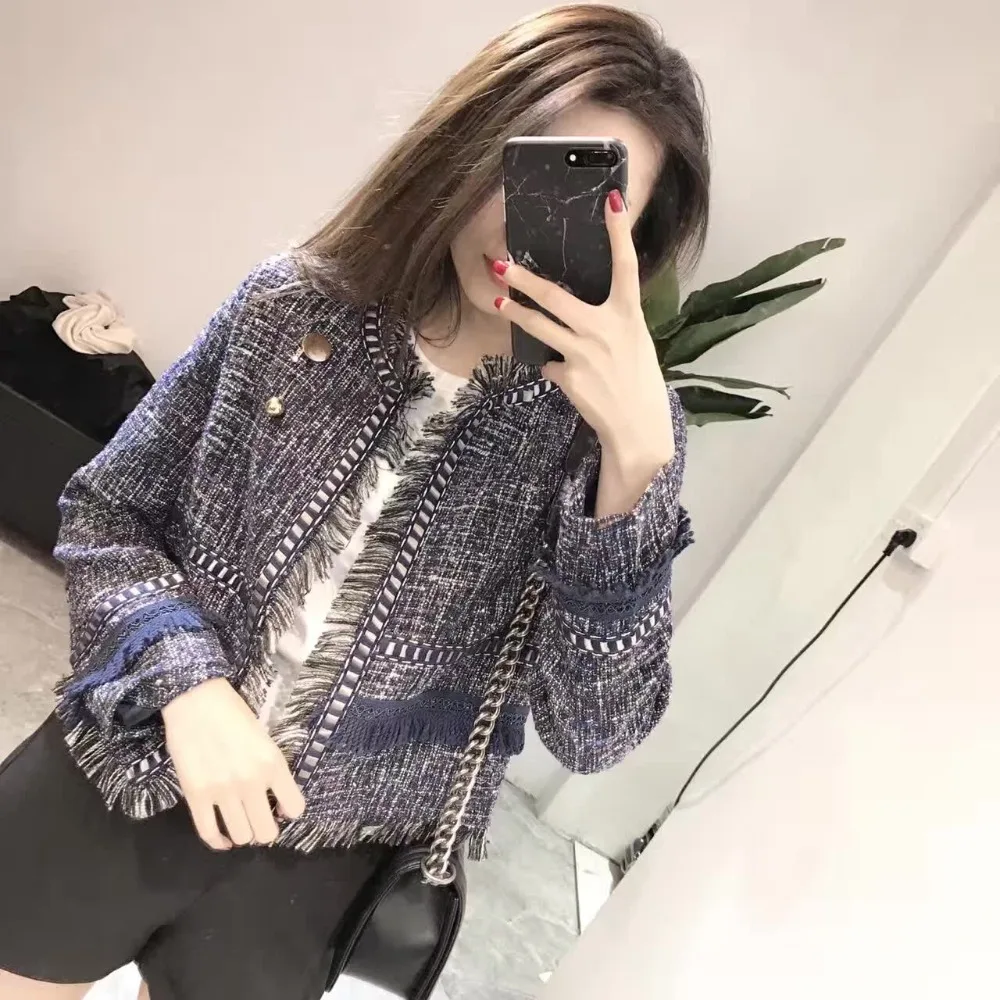 Высококачественная Женская твидовая шерстяная кисточка короткая куртка пальто