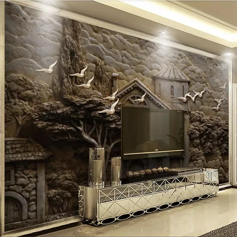 3d фотообои на заказ с рельефным рисунком леса большого дерева птиц фона