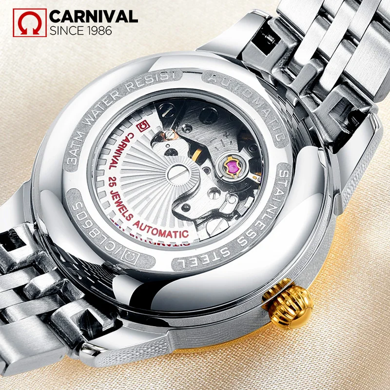 

2017 CARNIVAL Classic Lovers' Mechanical Watch TopBrand Luxury Luminous Waterproof Synthetic Sapphire Steel Couple relogio