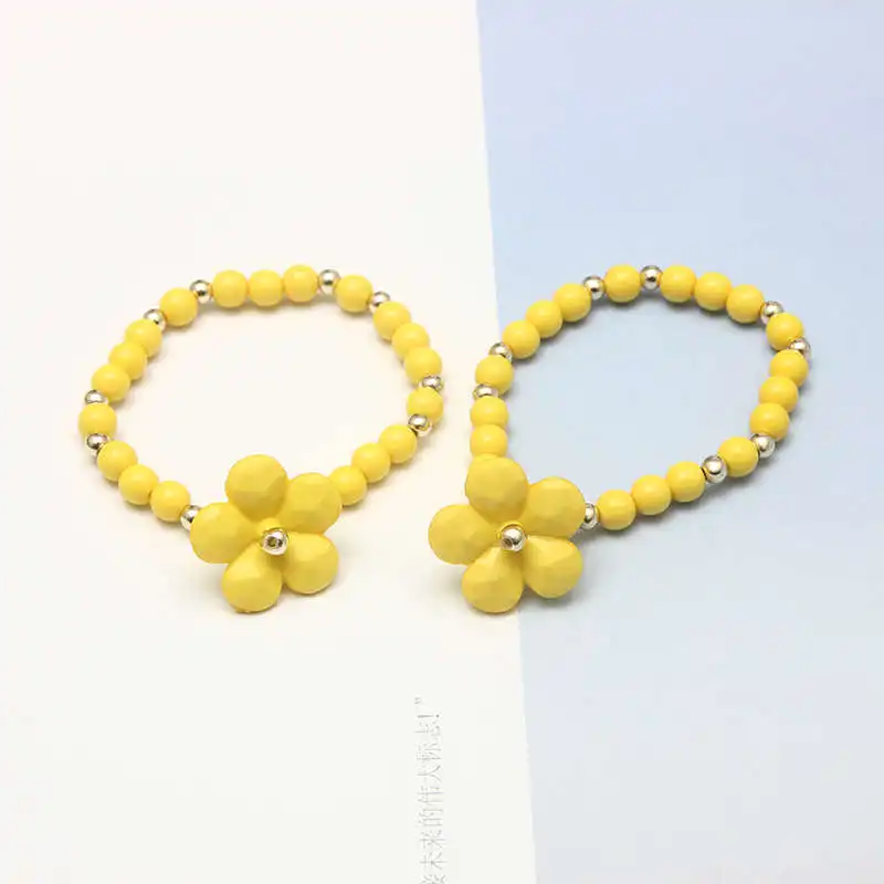Yellow Суки ли(SUKI 2 шт./компл. милый детский браслет с шармами цветами браслет ручной работы с акриловым бисером Браслеты для маленьких девочек на день рождения, подарок, ювелирное изделие - Окраска металла: Yellow