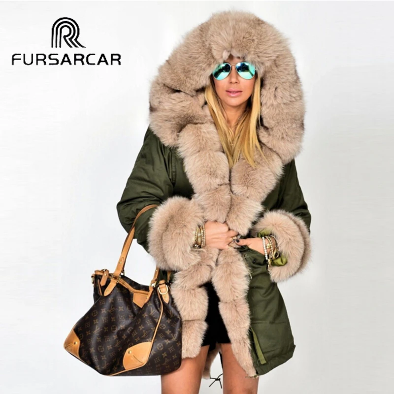 

FURSARCAR Fashion Style Real Fur Parka Women Luxury Winter Mid-Long Coat With Fox Fur Collar And Cuff Thick Warm Fox Fur Parka